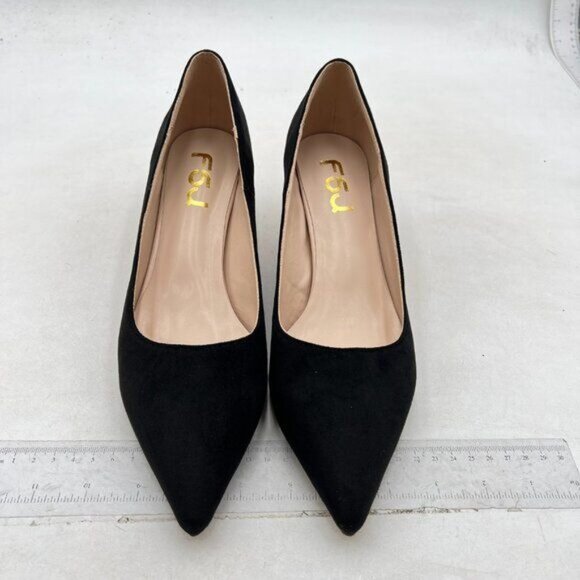 FSJ Women Classic Kitten Heels Pointy Closed Toe Pumps Slip On Office Black - Picture 3 of 8